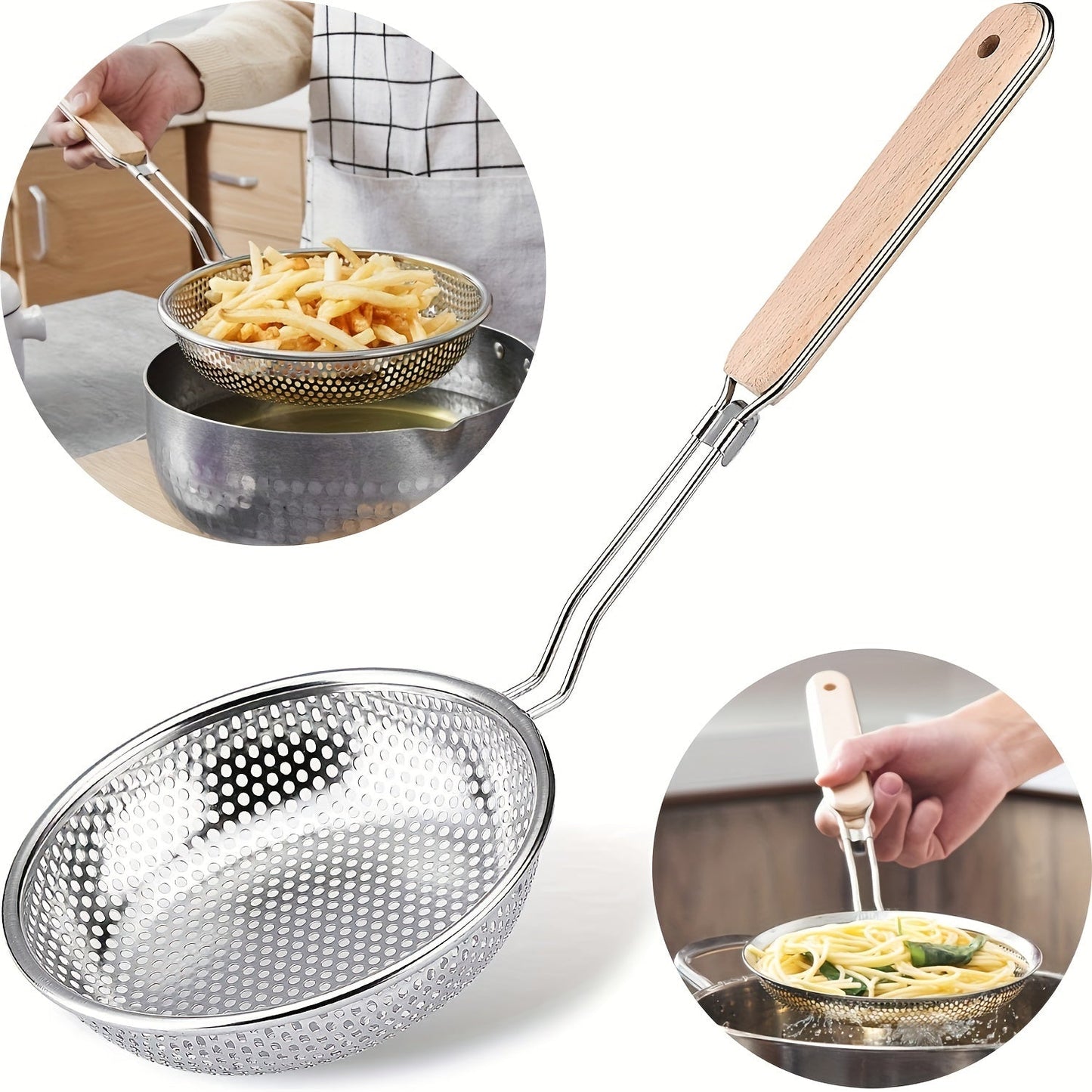 Top-quality Stainless Steel Colander with Wooden Handle - Strainer Spoon with Fine Mesh for Cooking, Meal Preparation & Oil Straining - Great for Spaghetti & Ramen, Excellent for Household and Dining Establishments.