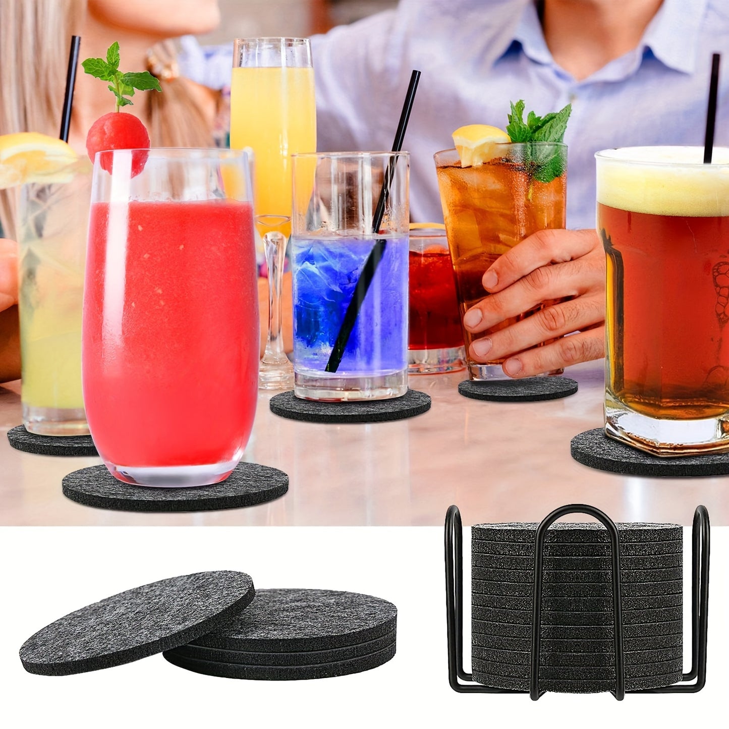 Set of 12 felt coasters with stands.