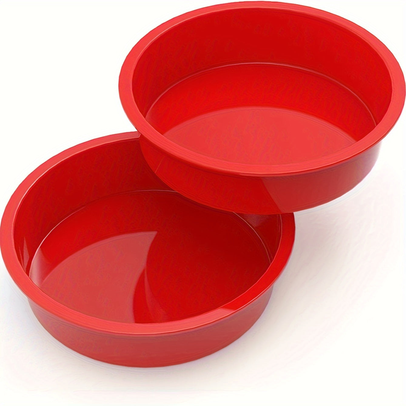 Two pieces of silicone round cake pans measuring 20.32 cm in diameter, featuring a nonstick surface. Ideal for baking cakes and brownies.