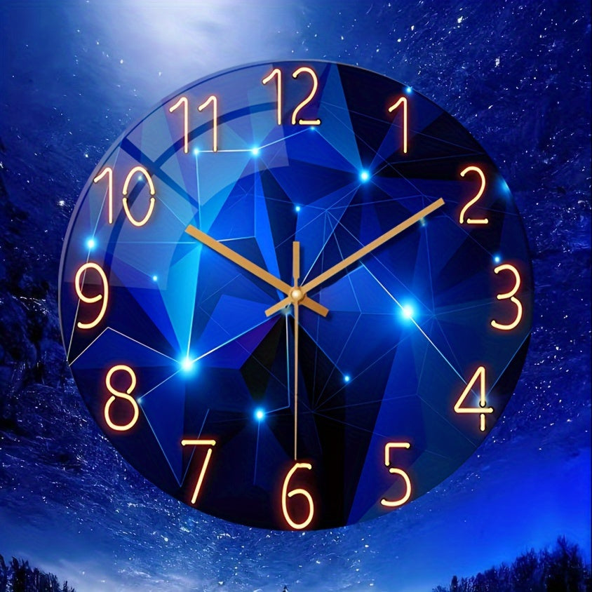 12"/14" Silent Wall Clock with Dark Blue Geometric Design. Made with 4mm Tempered Glass and Japanese Quartz Movement. Perfect for indoor and outdoor decor. Great gift option (Battery not included).