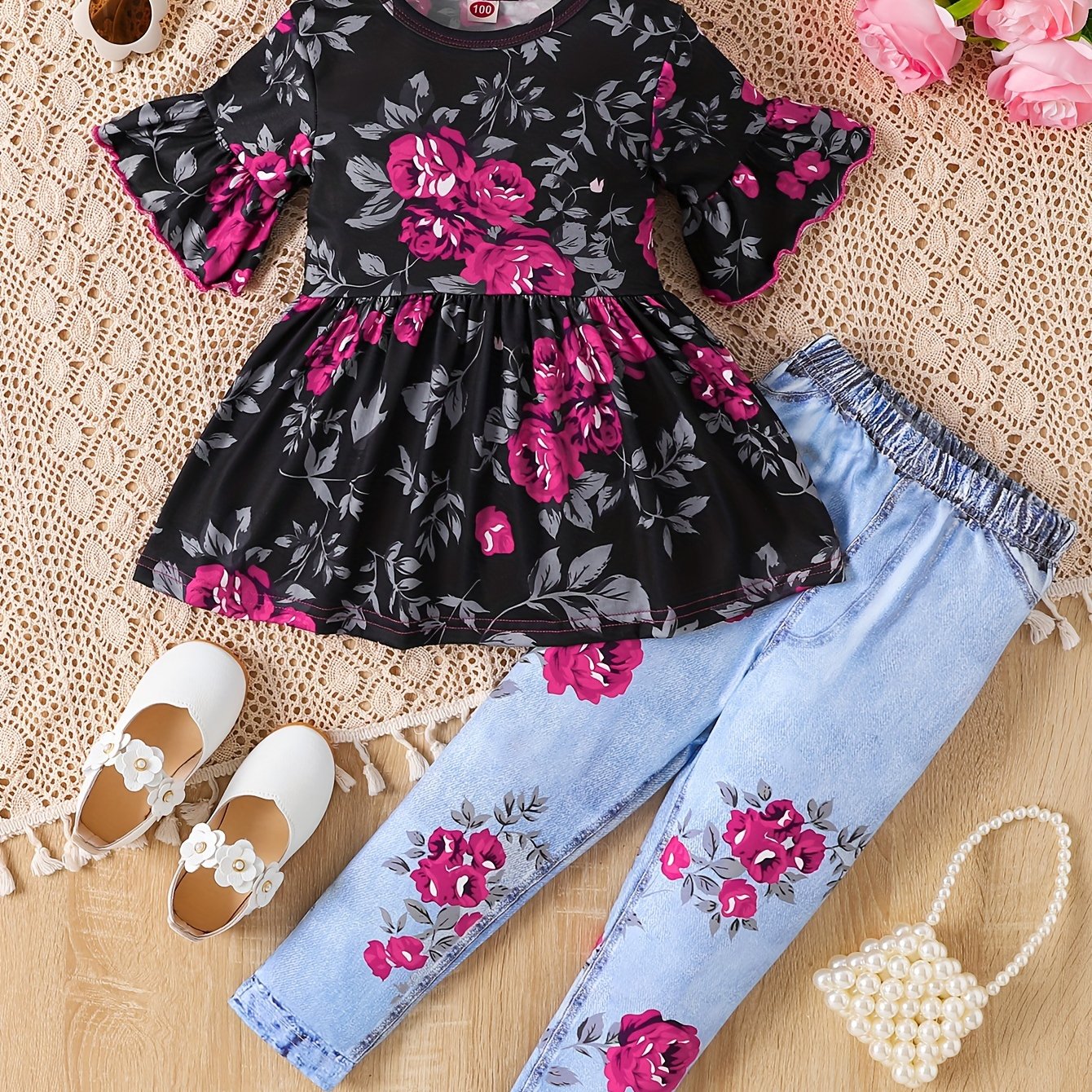 Set of floral peplum top with flare sleeves and matching leggings for girls, perfect for summer outings.