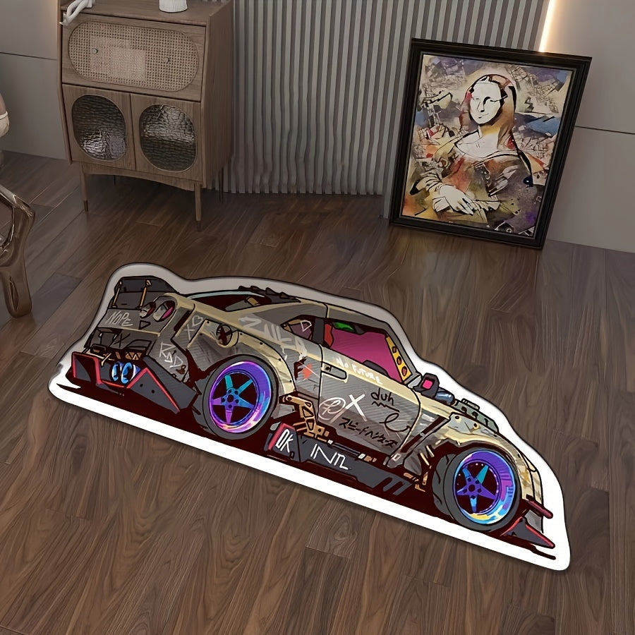 This irregular loop pile graffiti sports car shaped area rug is perfect for adding a fun touch to any room. Designed for indoor use, this non-slip washable carpet is ideal for bedrooms, living rooms, offices, and nursery rooms. The non-shedding mat is