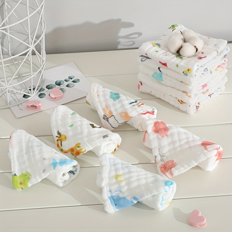 Five pieces of cotton muslin washcloths, soft face cloth for newborns. These absorbent, soft towels are gentle on sensitive baby skin, perfect for wiping, burping, or using as face cloths. Each cloth measures 29.97x29.97 cm.