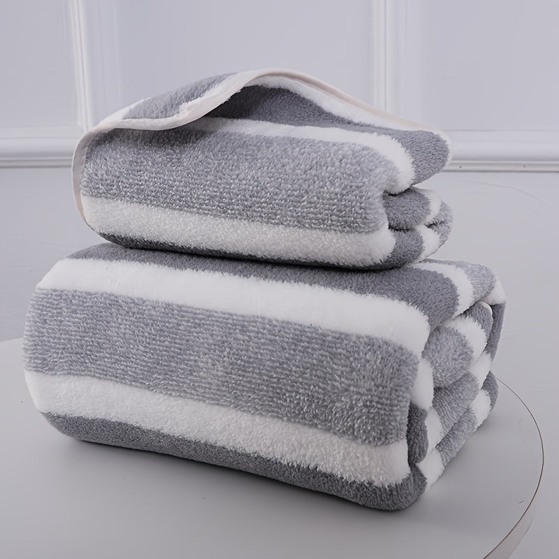 1 modern stripe pattern towel set - includes 1 bath towel and 1 hand towel, quick drying and absorbent, suitable for RV, bathroom, kitchen, and household use.