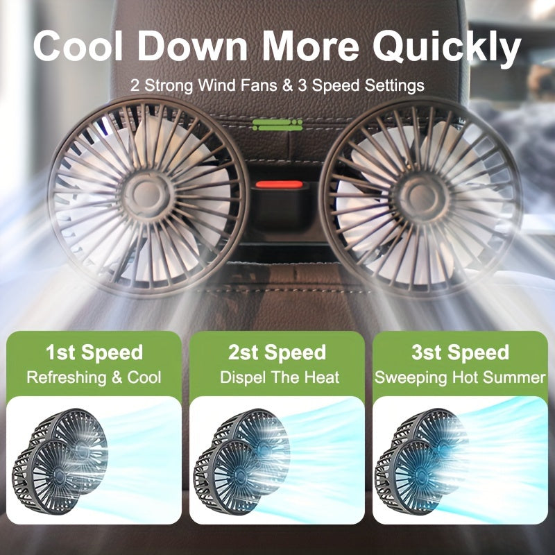 This car fan features dual-head rear fans that provide powerful airflow with 3-speed settings and 5 blades. It has an adjustable angle with 360-degree rotation for high air volume and low noise operation. The fan effectively promotes air circulation