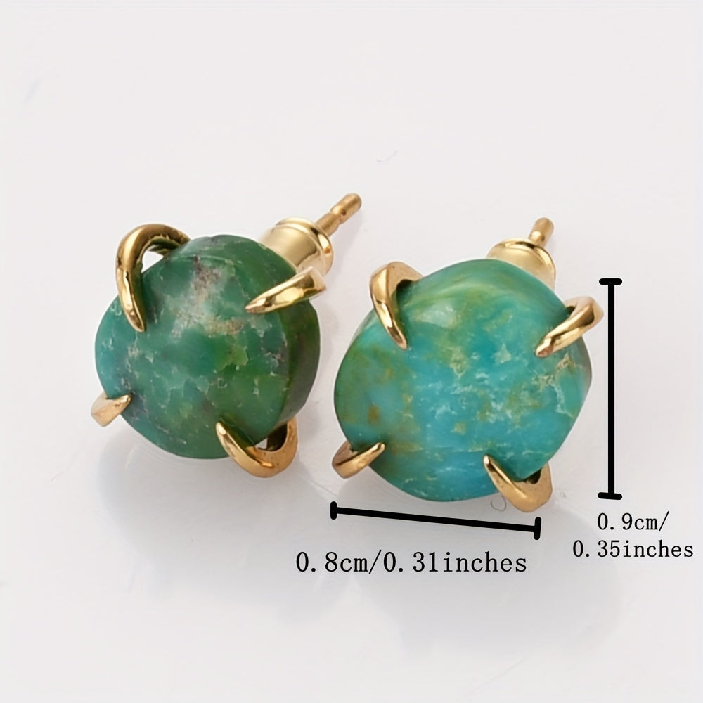 Pair of 14K Gold Plated Copper Stud Earrings with Natural Turquoise Stone, Boho Chic design, Perfect for Everyday Wear and Gifting.