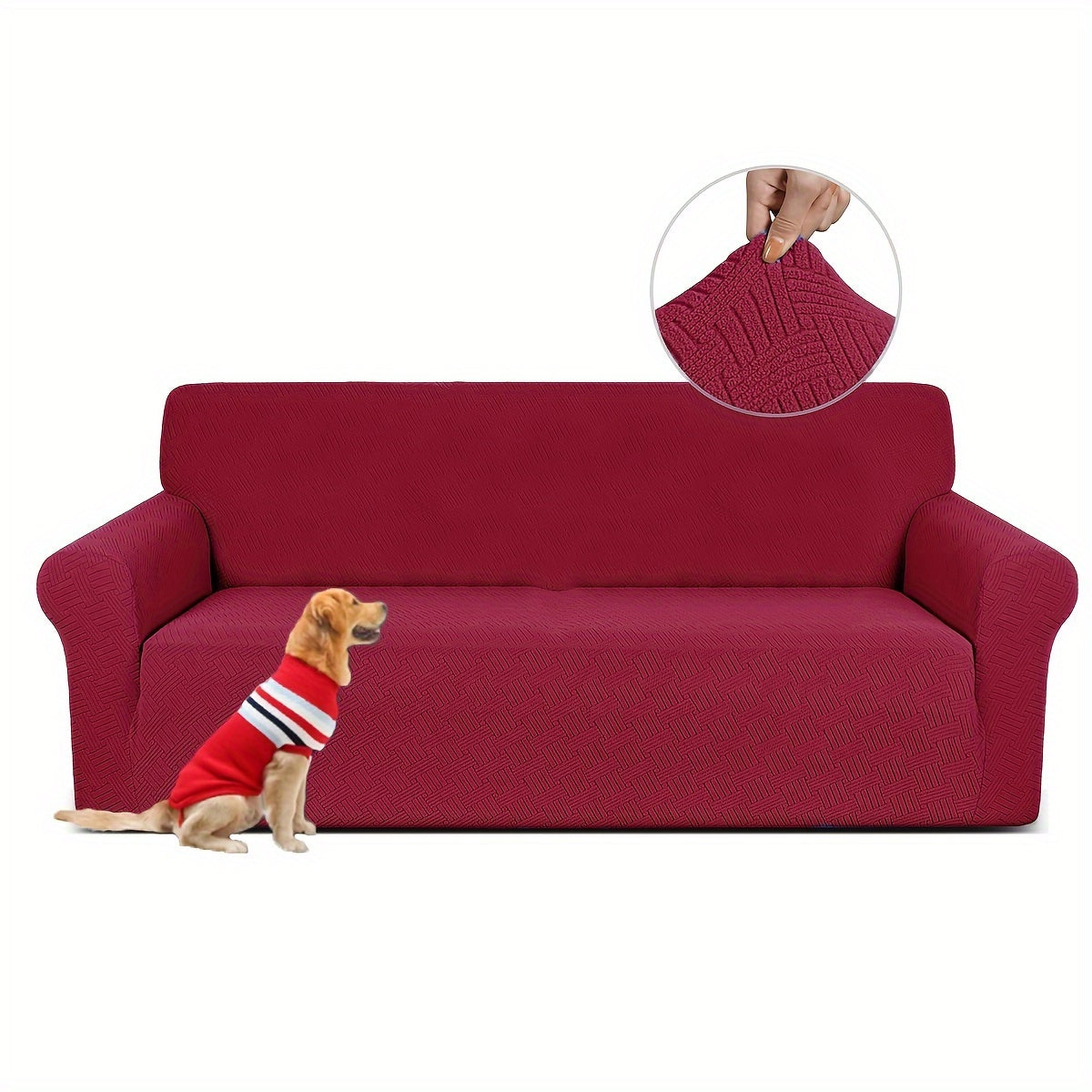 Pet-friendly sofa cover in gray striped jacquard fleece with elastic band, non-slip bottom, and all-season dust protection. Stylish and snug fit for living room furniture.