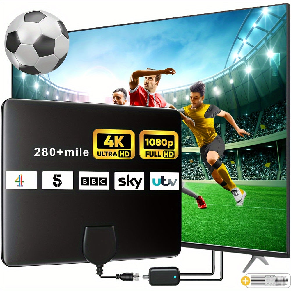 240 Mile Range Digital TV Antenna with Signal Amplifier, 4K Ultra HD, 1080p Full HD, Indoor Use, USB Powered. Model 2024, includes 3.66m Coaxial Cable.