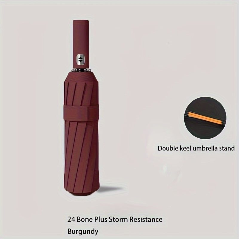 Durable, portable, unisex automatic umbrella with 24 reinforced ribs for sunny and rainy days.