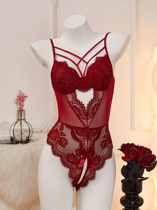 Red lace velvet teddy with heart cut-out, open crotch, and strappy back for women's lingerie.