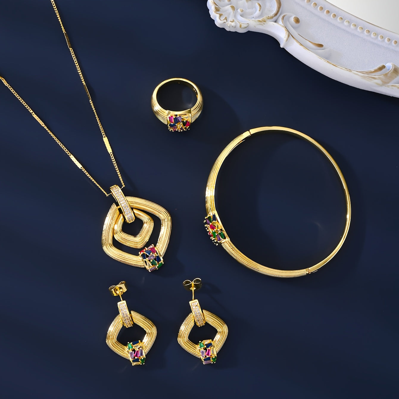 Vintage Luxury Style Jewelry Set by MEIZ - Elegant 18K Gold-Plated Zirconia Set Includes Necklace, Earrings, Bracelet, and Ring - Ideal for Everyday Wear or Gifting