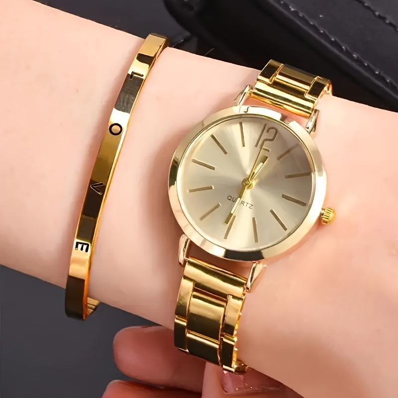 Stylish women's watch and sparkling set with zinc alloy strap and case, quartz movement, and elegant display. Perfect gift for girlfriend on occasions like Valentine's Day, Ramadan