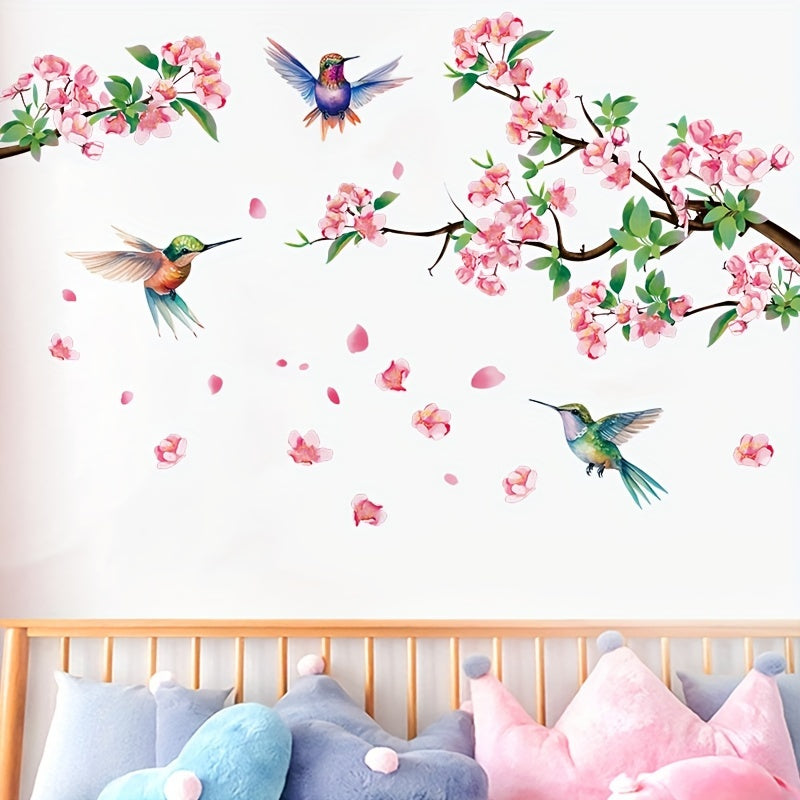 Decorate your bedroom and living room with the beautiful Hummingbird and Cherry Blossom Wall Sticker made of PVC for windows.