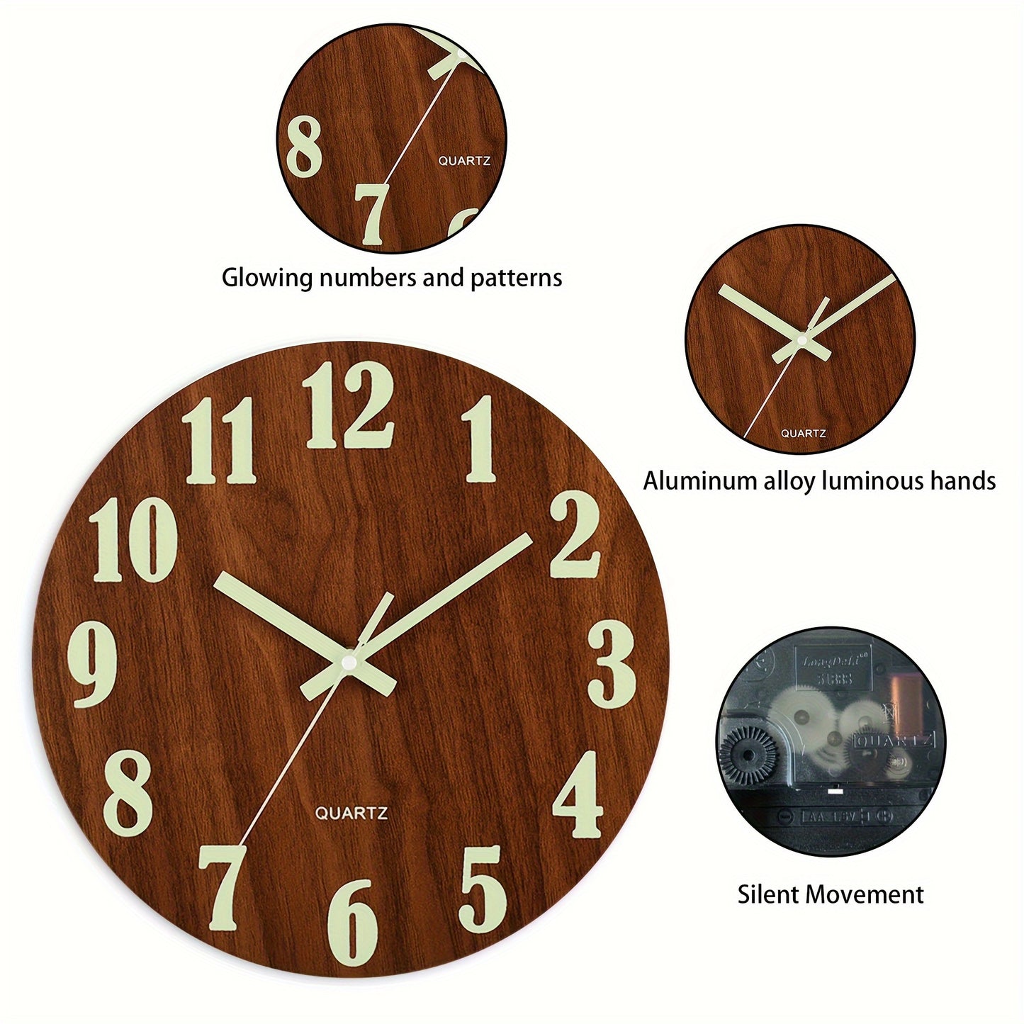 Rustic Tuscan wooden wall clock with glow-in-the-dark feature, 30.48cm in size. Non-ticking, Japanese quartz movement, ideal for living room and bedroom decor. Battery operated (AA not included).