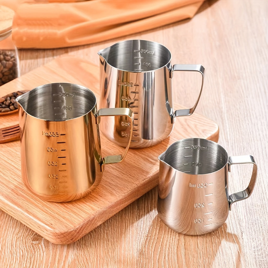 Stainless Steel Pull Flower Cup with scale, suitable for both household and commercial use. This milk frother cup comes in 350ml and 600ml sizes, perfect for Italian coffee and espresso makers. Get the perfect froth every time with this high-quality