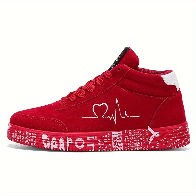 Women's high-top sneakers in red with a white heart and "I Love You" print, featuring a thick EVA sole for lightweight comfort. Made for casual travel with a lace-up design and all-season