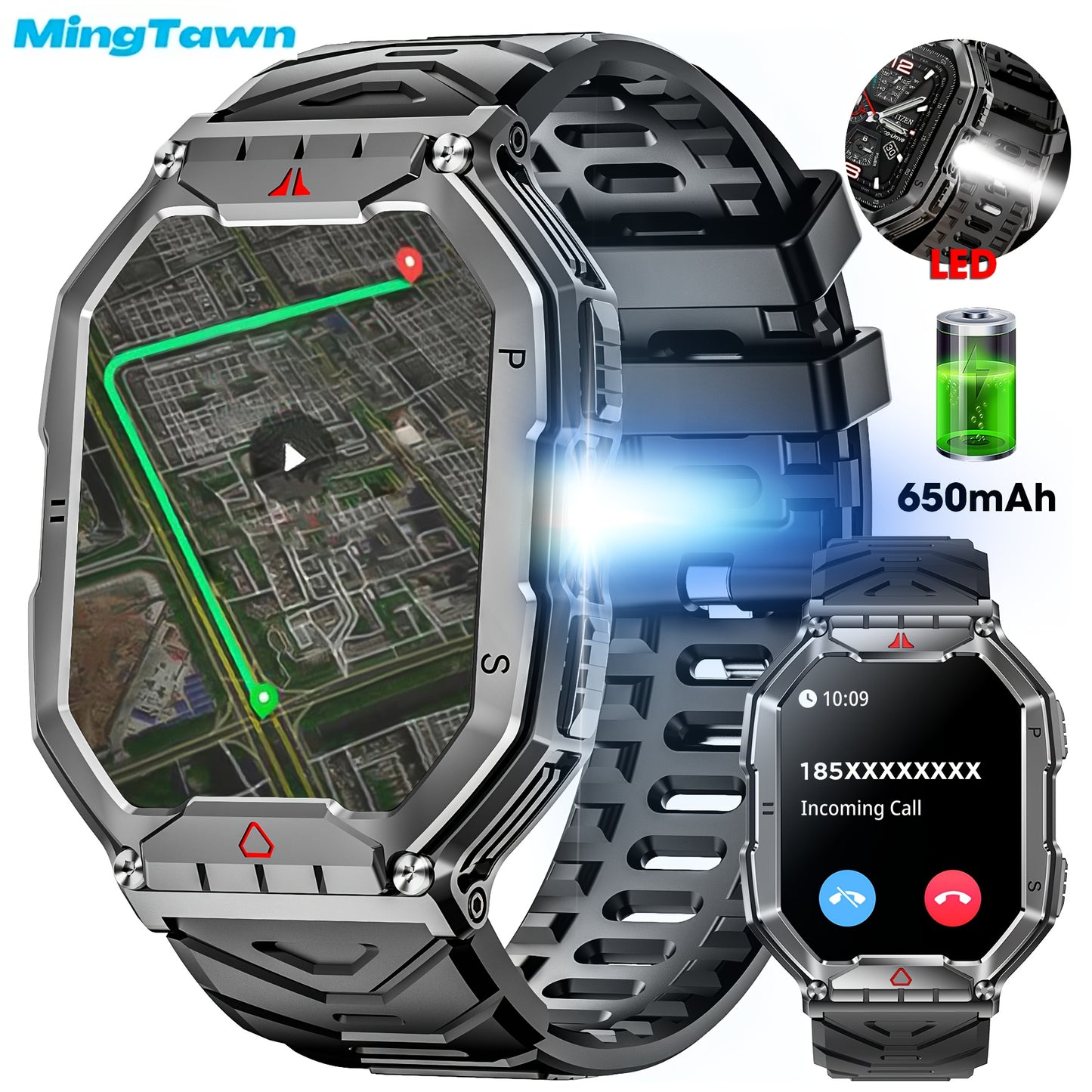 Mingtawn 2.1-Inch Smartwatch for Men: Full Touchscreen, LED Display, Wireless Calls, Fitness Tracker with 100+ Exercise Modes, Long Battery Life, USB Rechargeable, Stylish Black Silicone