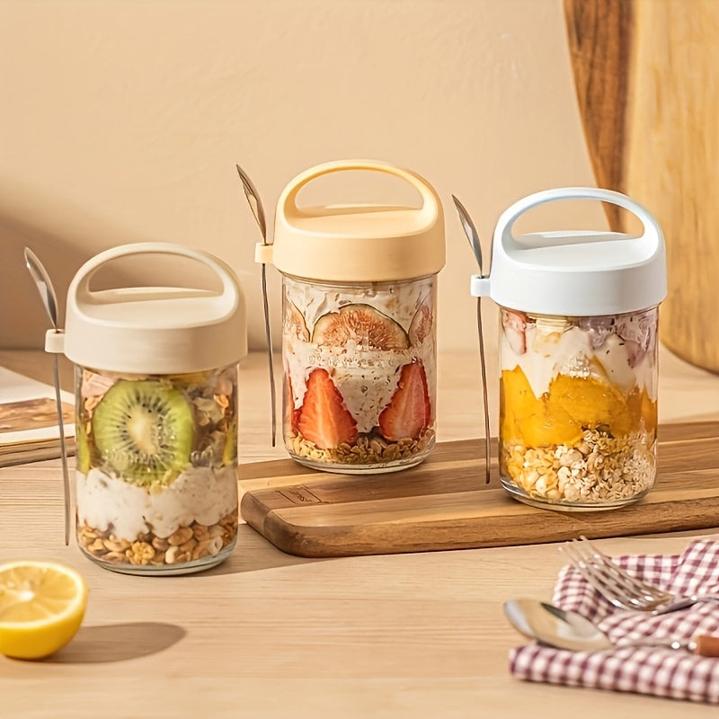 Glass yogurt cup doubles as a sealed jar for overnight oats, smoothies, and grains with spoon.