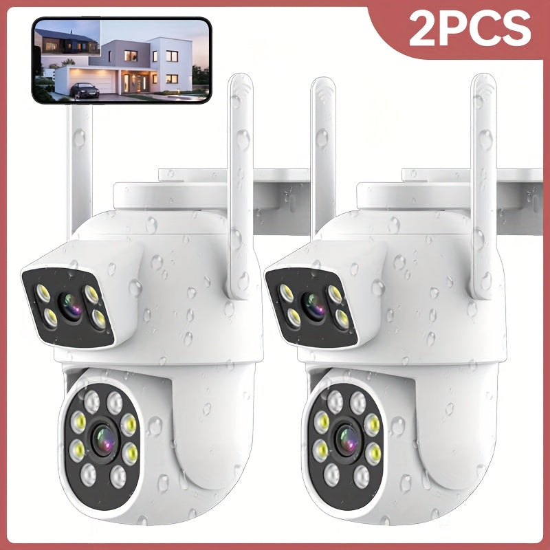 Two Smart Home Security Cameras with Dual Lens Offering 360° Pan & Tilt, Motion Detection, Two-Way Audio, Color Night Vision, Alarm Push, and IP65 Waterproof Rating. WiFi Compatible (2.4/5GHz) for Outdoor Surveillance.