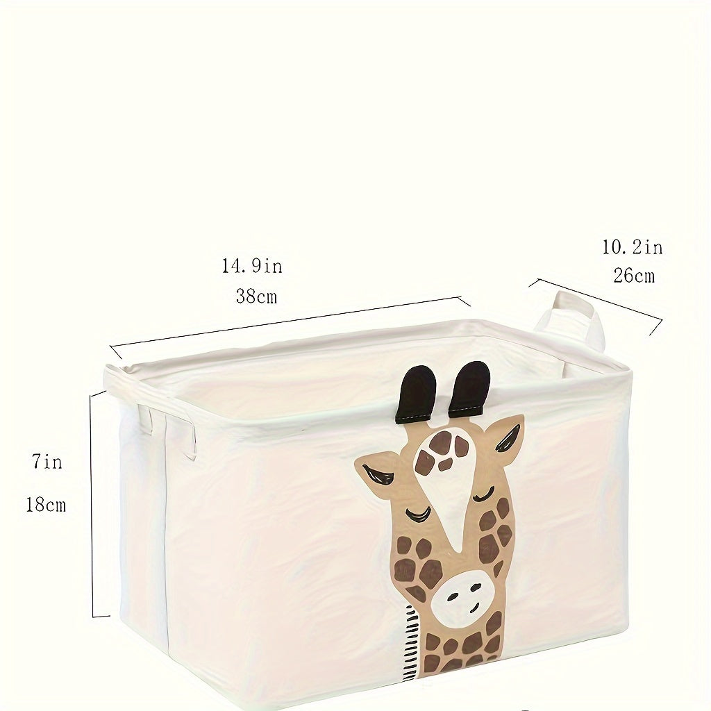 Foldable cartoon storage basket with handle and multiple compartments. Ideal for laundry and toys.