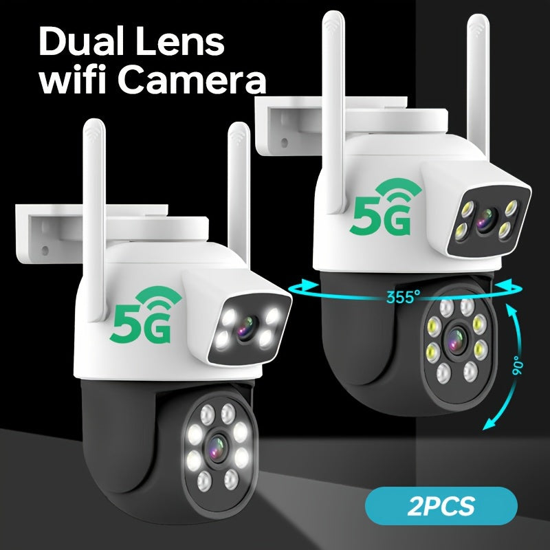 Introducing the ZHXINSD Dual Lens Outdoor Security Cameras - Set of 2, featuring Wireless WiFi connectivity, IP65 Waterproof rating, 360° PTZ capabilities, Motion Detection technology, Color Night Vision, 2-Way Audio communication, and support for