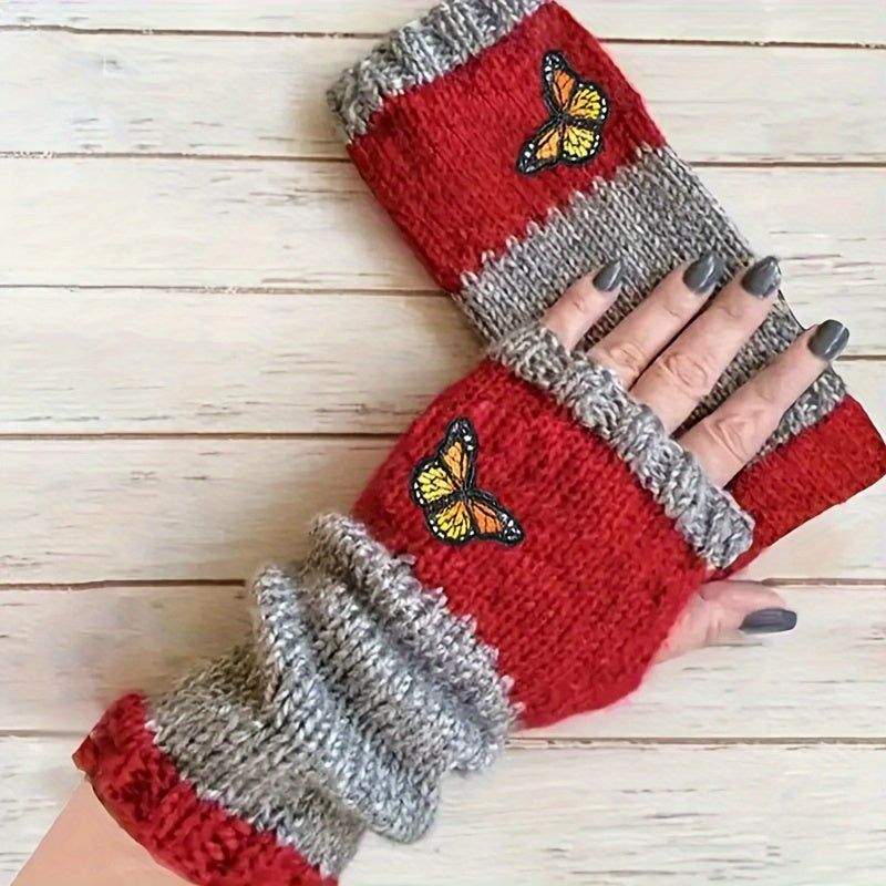 Knit Fingerless Gloves with Butterfly Embroidery, Stylish Color Block Design, Windproof and Warm for Autumn and Winter Writing.