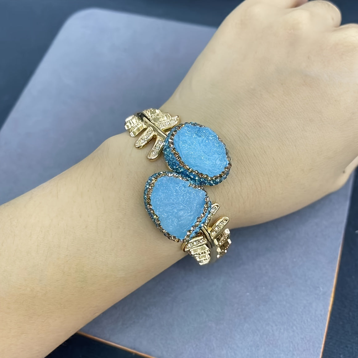 Gold Plated Aquamarine Raw Stone Bracelets featuring Bohemian & Minimalist Style, with Clay Inlay and Adjustable Leaf Design. Perfect Gift for a Delicate Female.