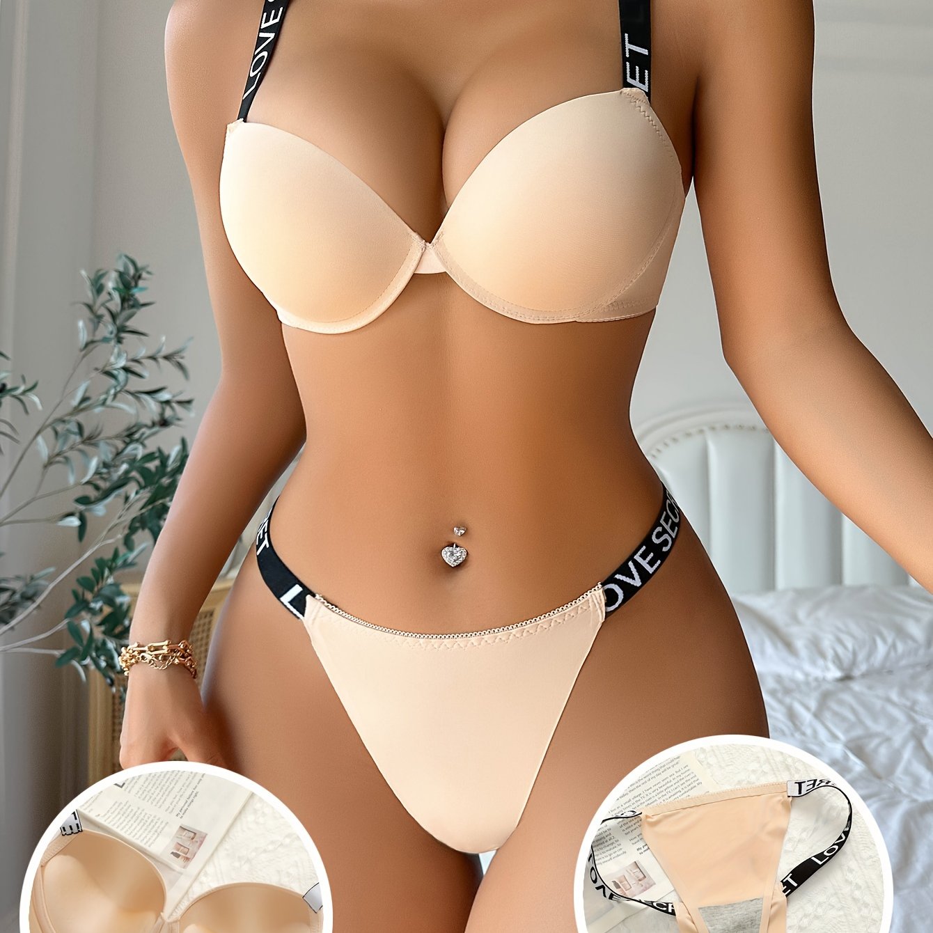 Letter Print Push Up Lingerie Set for Women