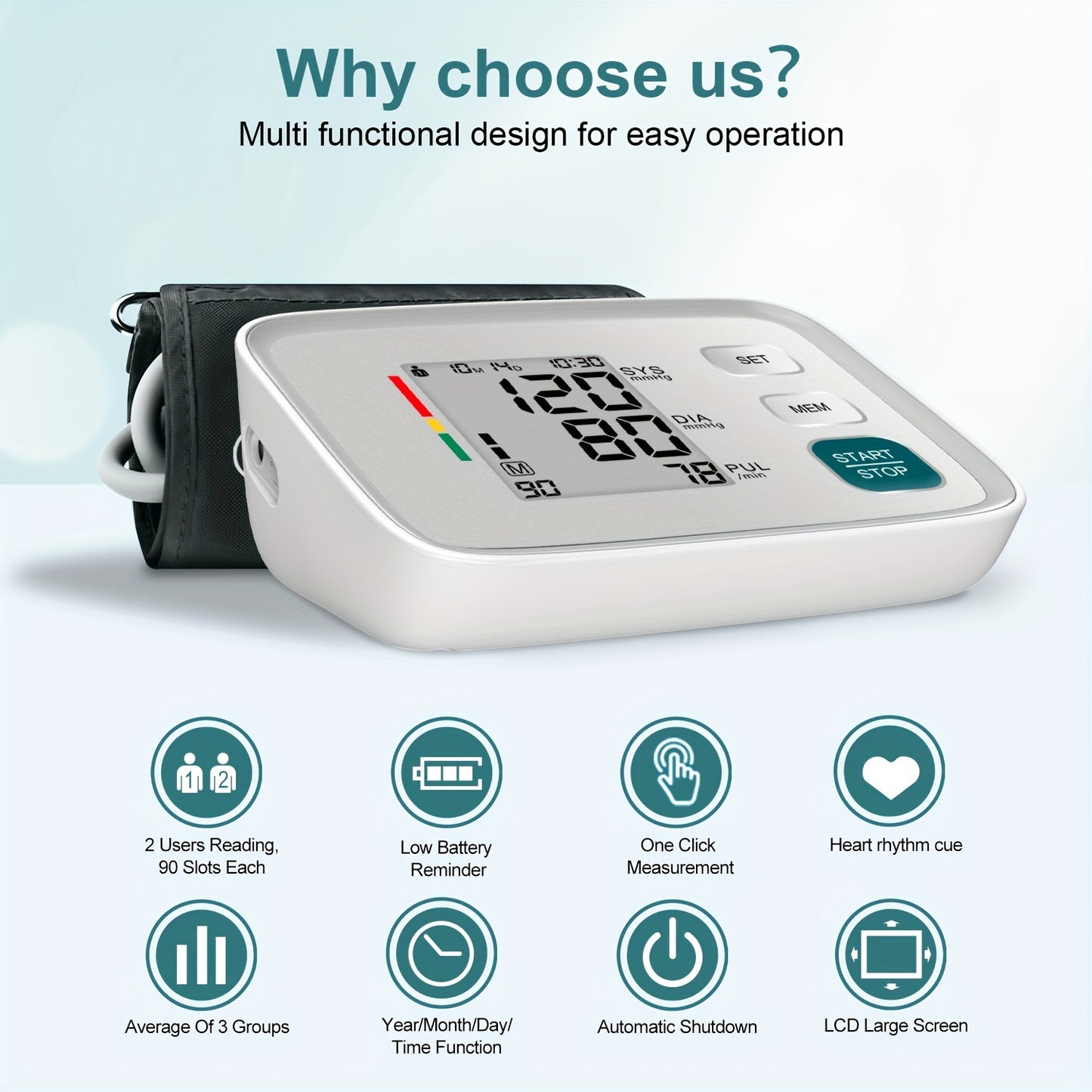 Digital home blood pressure monitor with automatic upper arm cuff that fits 22.1-43.18 cm.