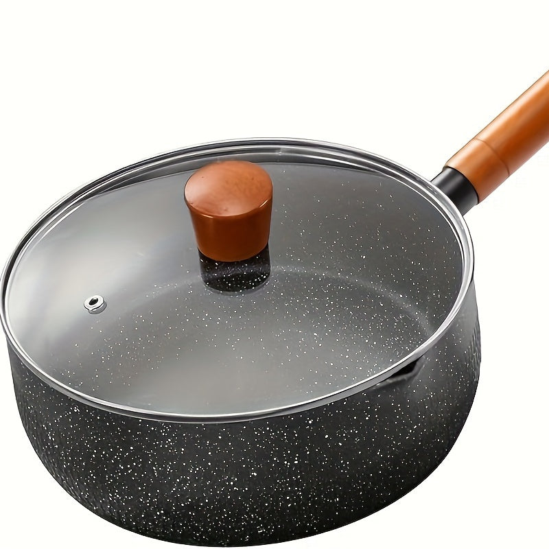 The stockpot measures 19.81 cm in diameter and the deep skillet measures 21.84 cm. Both feature a non-stick coating and a small cooking pot with a double inverted nozzle to keep the handle cool. This PFOA-free ramen pot is black and perfect for daily