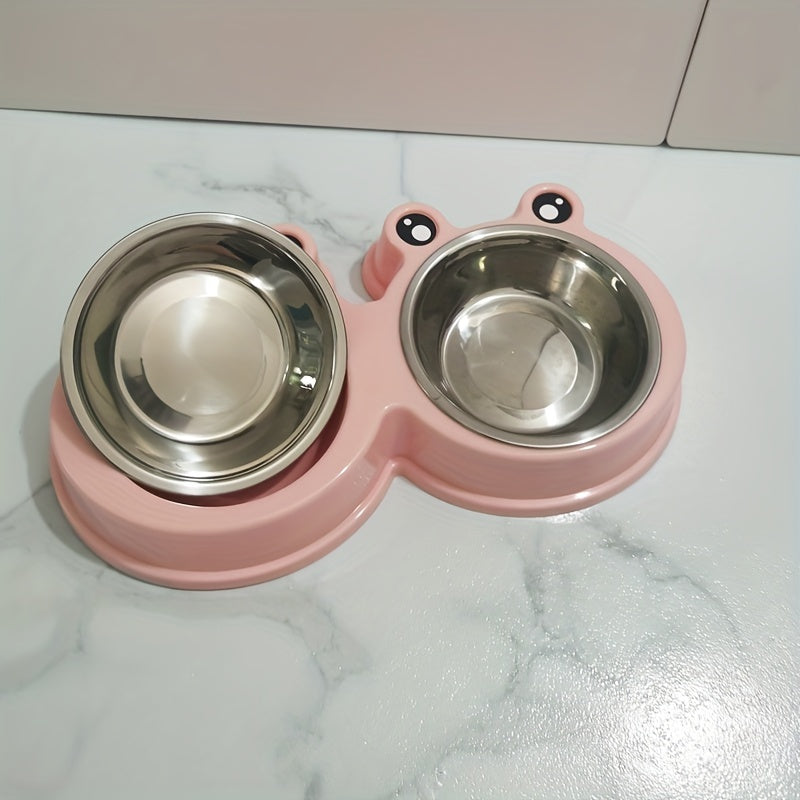 Stainless steel double bowl for small dogs and cats with pet frog design.