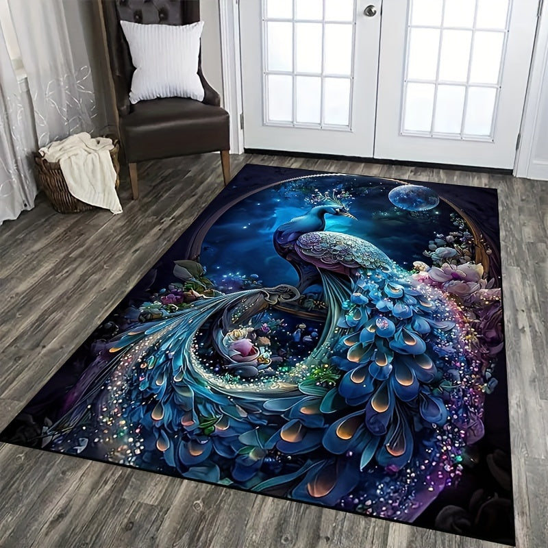 1 piece Vibrant Peacock Pattern Area Rug - Non-Slip, Machine Washable Polyester Rug with Luxurious Crystal Velvet Texture - Ideal for Gaming Rooms, Dorms, Teenage Bedrooms & Halloween Decor, Peacock Theme