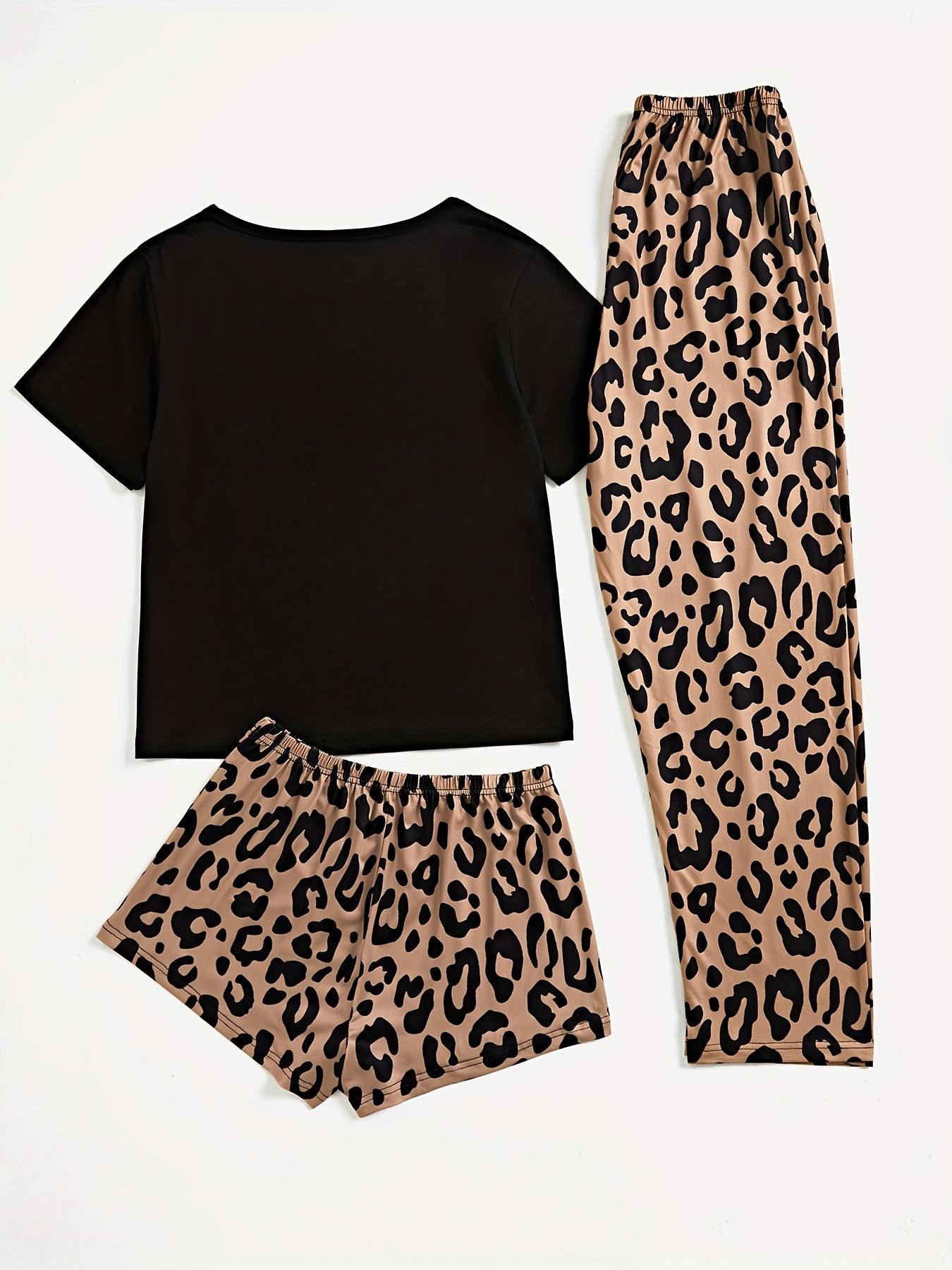 3pc Lips & Leopard Print Pajama Set for Women: Short Sleeve Top, Shorts, and Long Pants with Slight Stretch, Breathable and Comfortable Loungewear for Sleep.