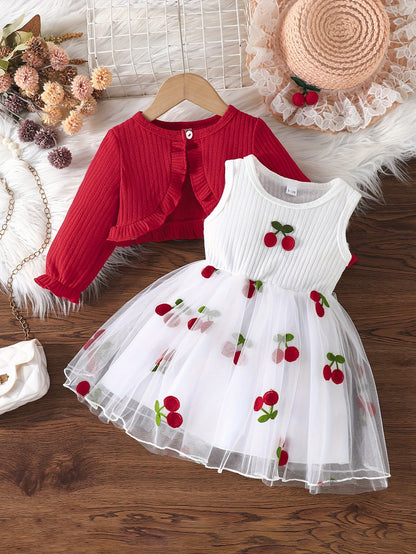 Girls' Set includes a long sleeve ruffle top with cherry embroidered mesh dress. Made of polyester knit fabric with a regular fit hooded placket. Cute fruit & vegetable pattern. Short