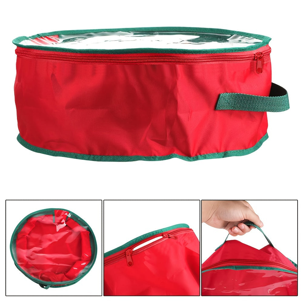 This Christmas wreath storage bag is made of polyester and designed for holiday garlands. It is tear-resistant and features heavy-duty handles, a transparent card slot, and a capacity of less than 3.2 cubic feet. The bag is under 68.58cm in height