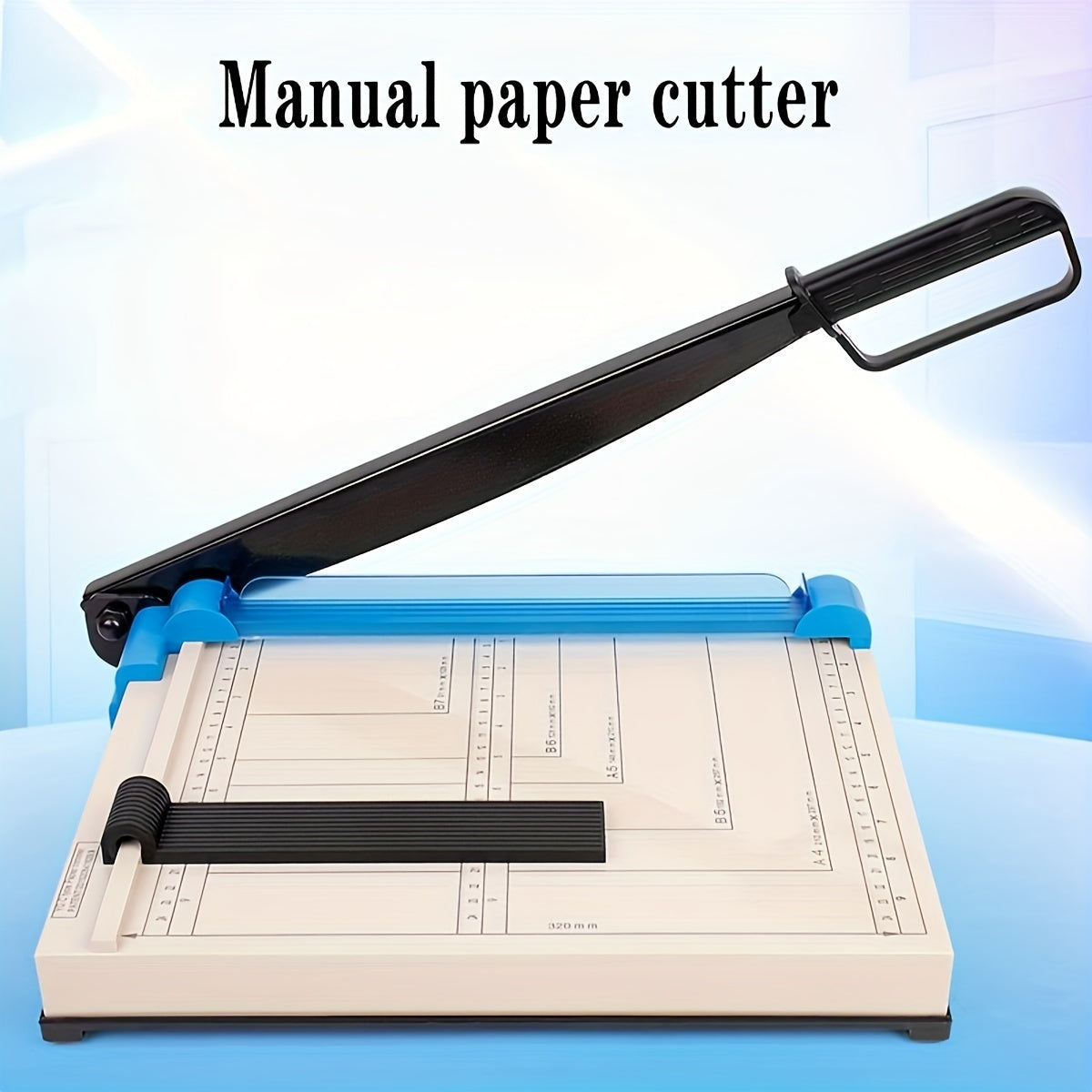 Portable A4 guillotine trimmer without electronic components for office, graphic shops, and crafting.