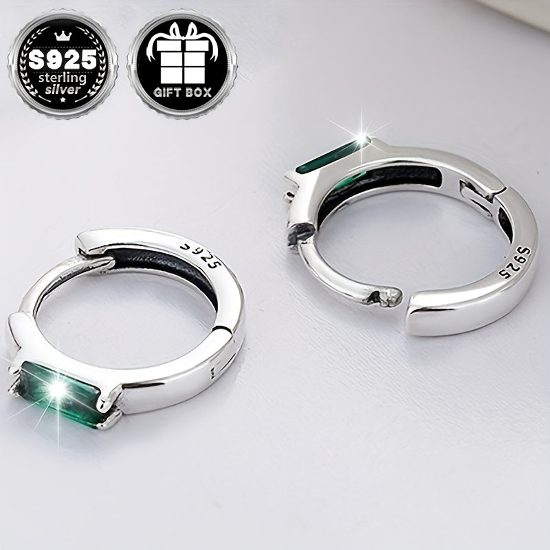 Stylish and versatile unisex earrings made of 2 pieces of sterling silver with low sensitivity. Featuring simple inlaid small square green zirconia for an elegant touch. Approximately weighing 1.9g.