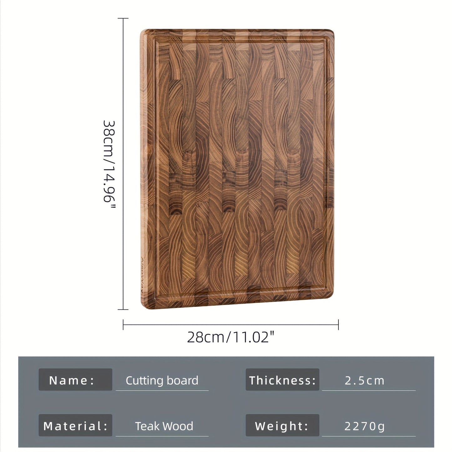 Multipurpose Kitchen Cutting Board made of Teak Wood with End Grain, Butcher Block, and Chopping Board Features, including Juice Groove and Inner Handles