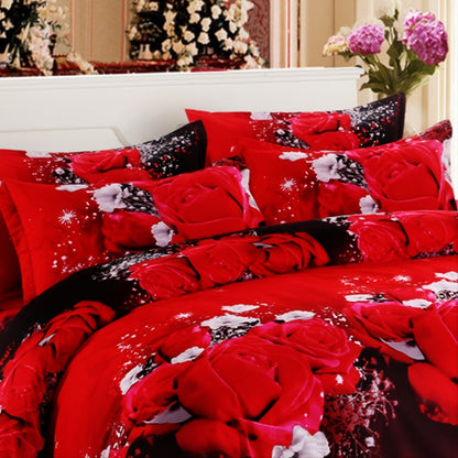 Romantic Couple Bronzing Marble Rose Red Duvet Cover Set with 3-piece Rose Bouquet Bedding. Includes 1 Duvet Cover and 2 Pillowcases (Pillow Core not included).