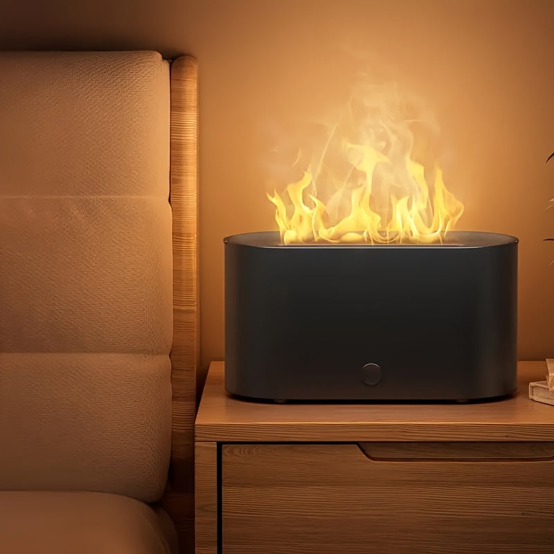 A simulated flame humidifier with smoke design for bedroom use at night. Can also be used as an aroma diffuser with essential oils. Perfect for home, office, or as a gift.