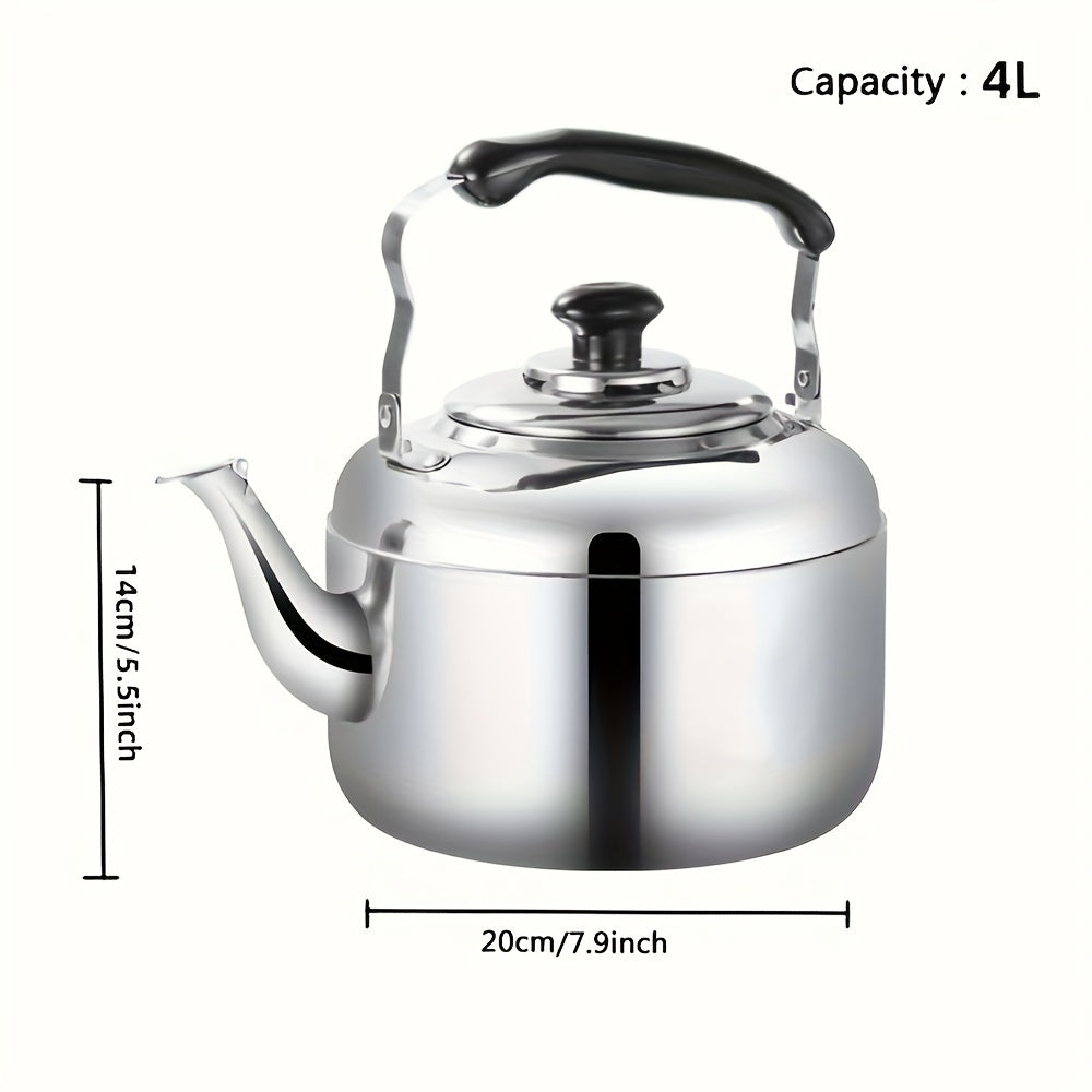 No Electricity Needed: 4L Stainless Steel Whistling Tea Kettle with Heat-Resistant Handle for Stovetop Brewing.