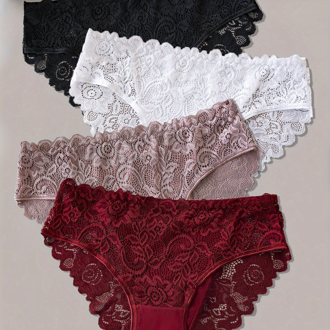 4-Pack Lace Trim Cotton Blend Briefs for Women, Breathable and Comfortable with Hollow-Out Design and Jacquard Pattern