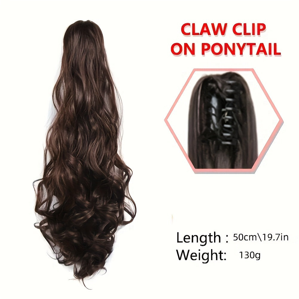 Stylish synthetic ponytail extension with long, curly waves and chic claw clip for women.