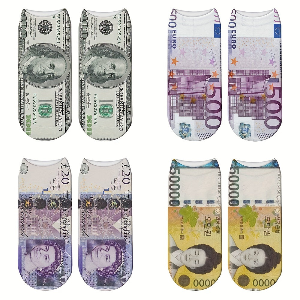 Men's novelty socks featuring various currency designs including US Dollar, Euros, Japanese Yen, and British Pounds.