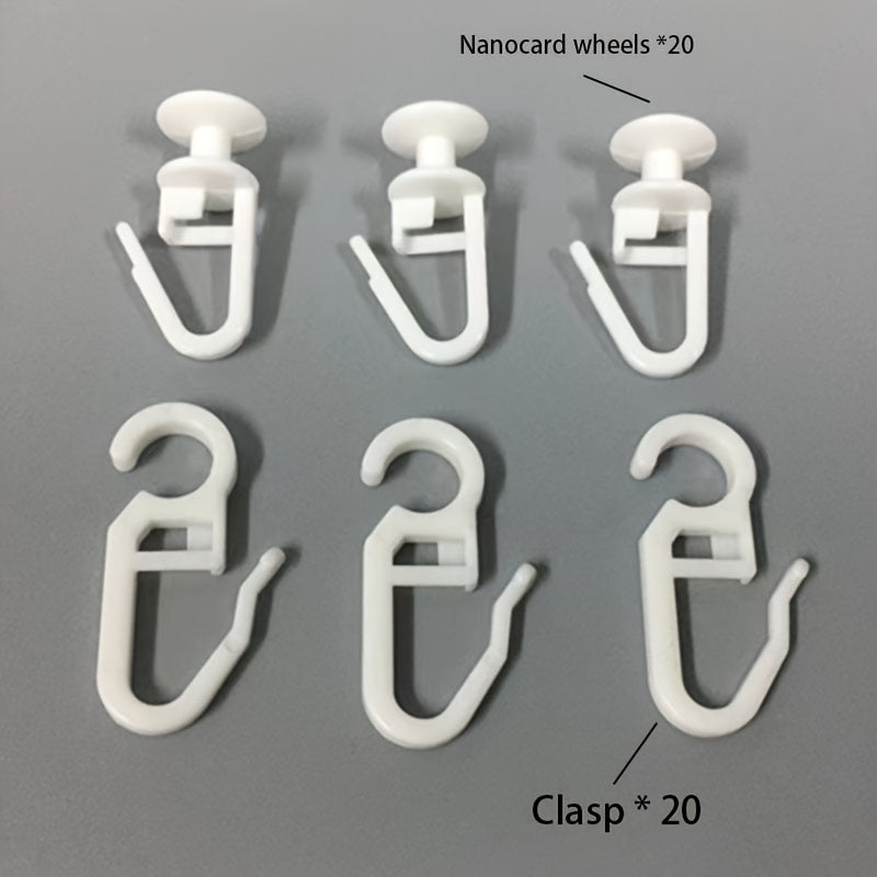 40 plastic drapery hooks with ceiling track sliders and foldable holdbacks for robes, towels, bathroom, room, and partition.