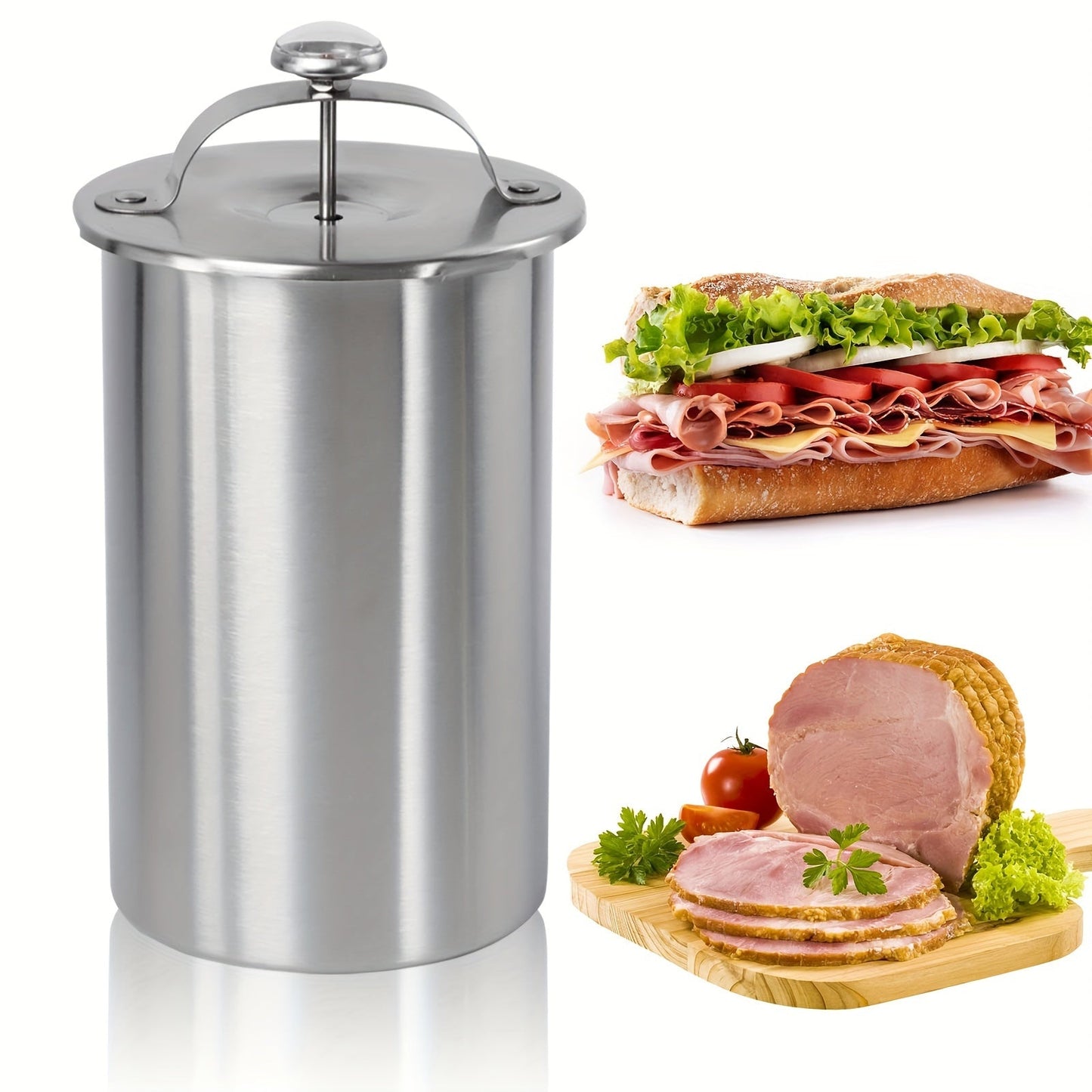 Newly Designed Stainless Steel Meat Smasher with Built-in Thermometer and Meat Pressing Bucket - Perfect for Home Kitchen Use, Cooking Tools and Accessories - Includes Ham Machine