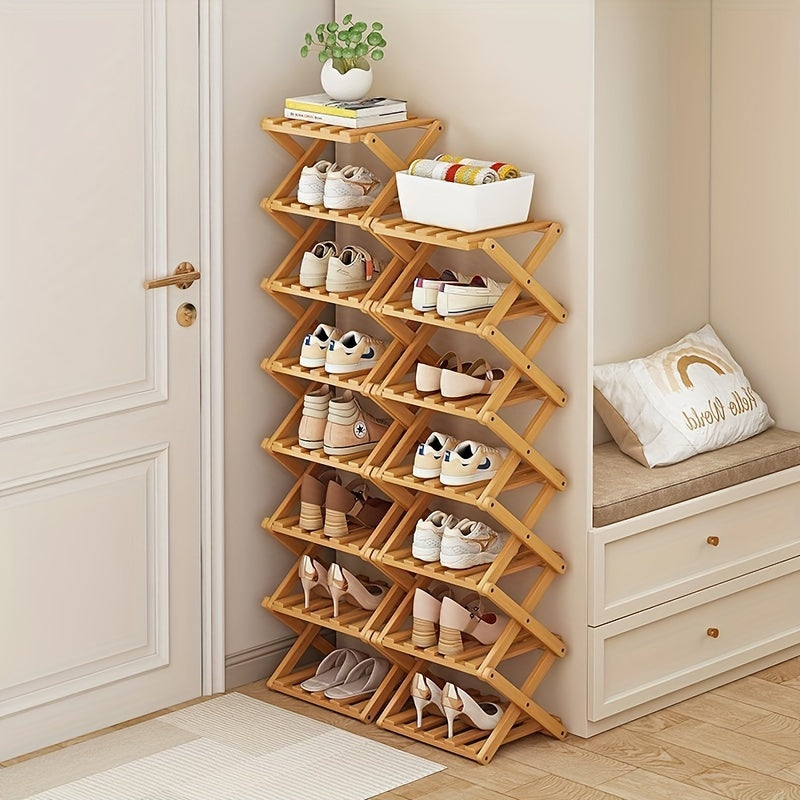 This foldable shoe rack, constructed from bamboo and requiring no installation, offers a customizable design with 5 to 9 layers to choose from. Available in two colors, this space-saving option is perfect for the limited area near the family's entrance.