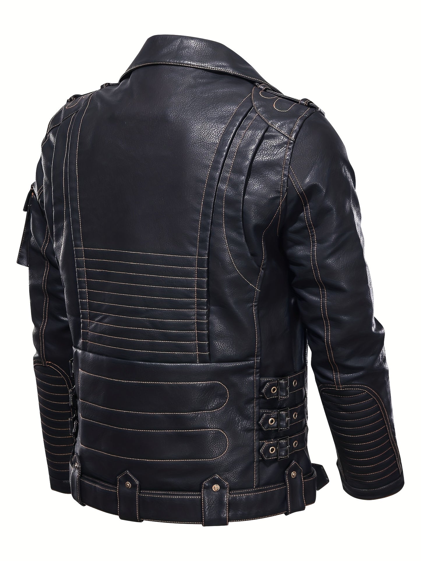 Men's stylish black biker jacket with zipper pockets, loose fit, studded details, and durable polyester lining, perfect for spring and fall.