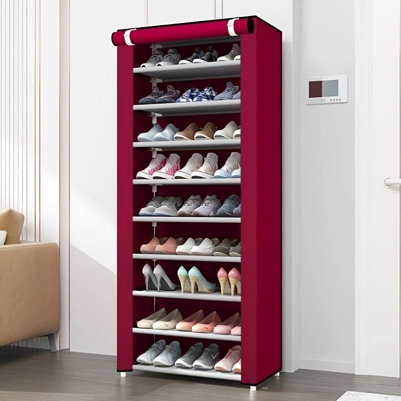 Durable 10-tier shoe rack with 9 compartments made of steel frame and dustproof fabric lining for organizing shoes and slippers. Perfect shoe storage solution for living room.