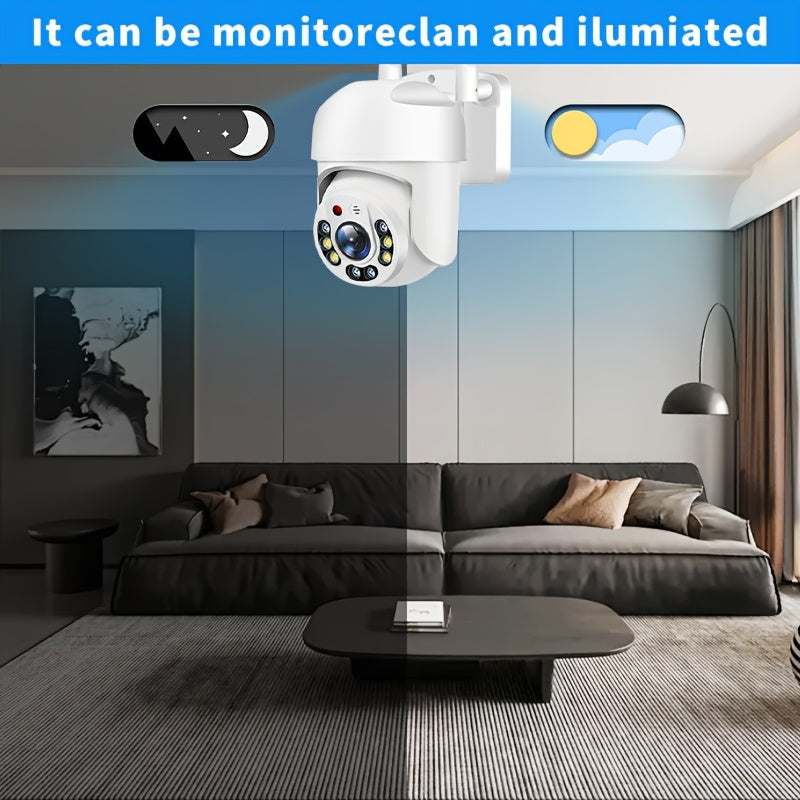 One 1080P WiFi Security Camera with PTZ Auto-Tracking, offering a 360° Panoramic View and Full Color Night Vision. Features include AI Human Detection, Two-Way Audio, USB Powered operation, Smartphone Compatibility, and ideal for Indoor Use.